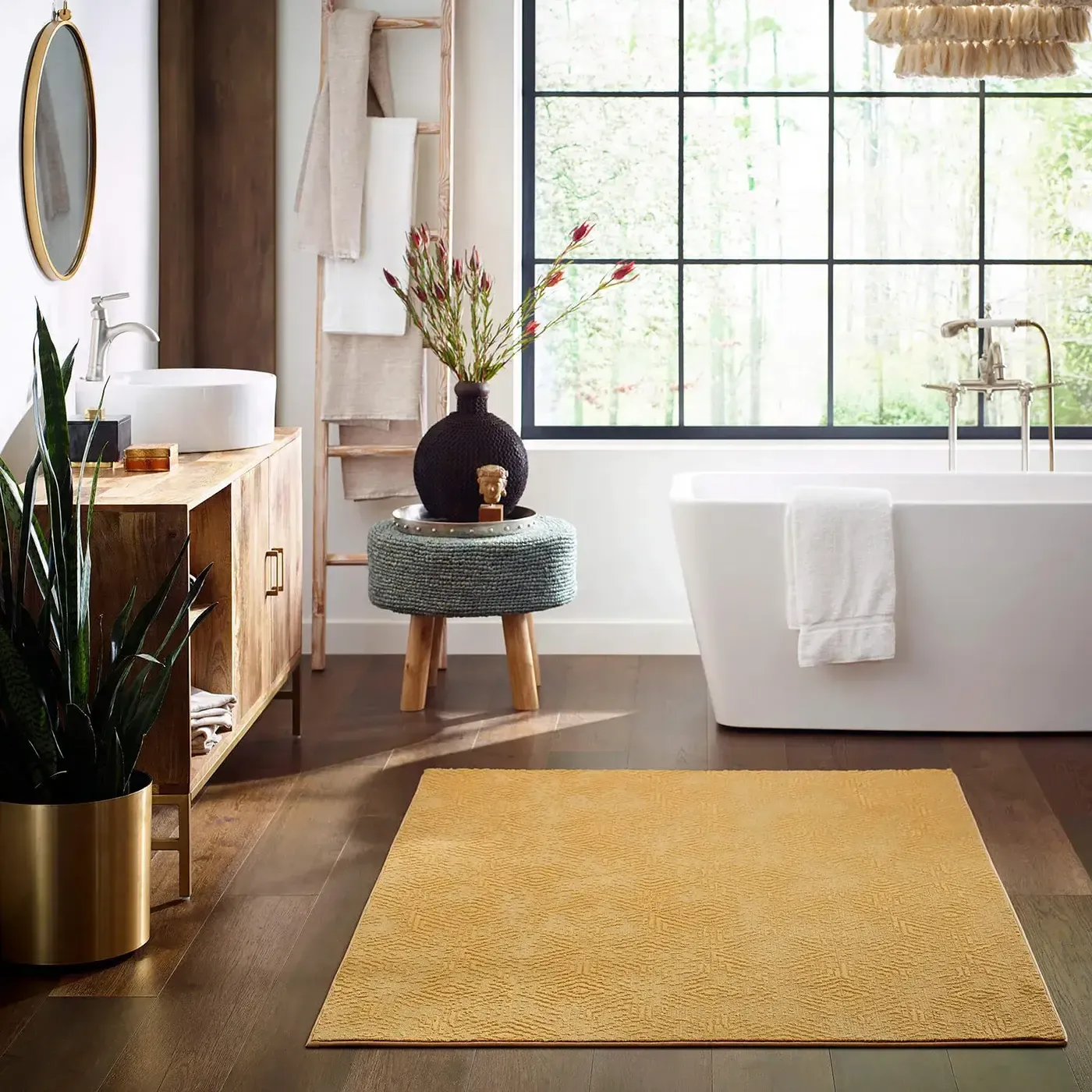 Boho-Chic-Bathroom-Vintage-Revival-CC77B-00250-Exquisite-FH820-7054-Cascade-BATHROOM-H A vibrant yellow Shaw Floors area rug | Ambassador Flooring
