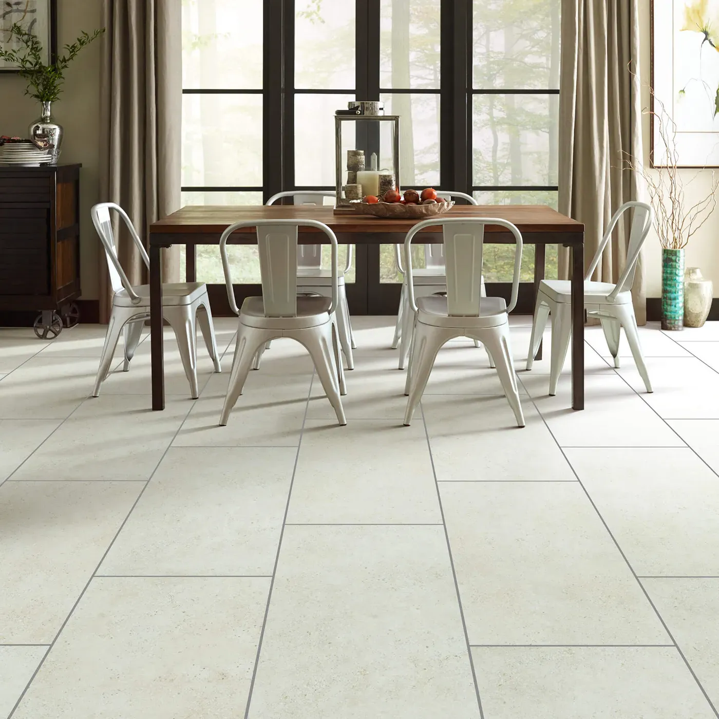 Crete-CS86Q-00100-Avorio-18x36-Sqr Shaw Floors Avorio large rectangular light beige tile in a dining room | Ambassador Flooring