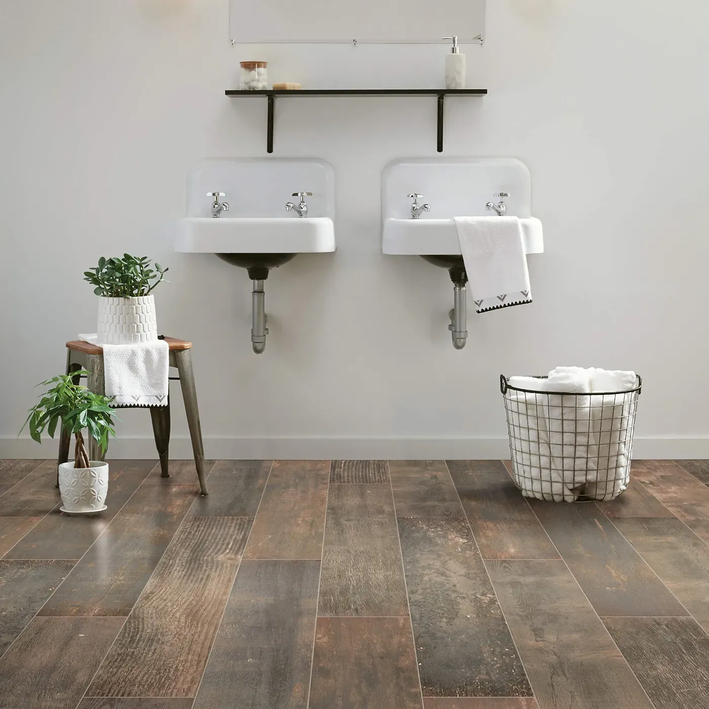 Emberwood-CS69Z-00719-Burned-7x47-8U396-RM-V Shaw Floors tile with a dark, burned wood look, in a bathroom | Ambassador Flooring