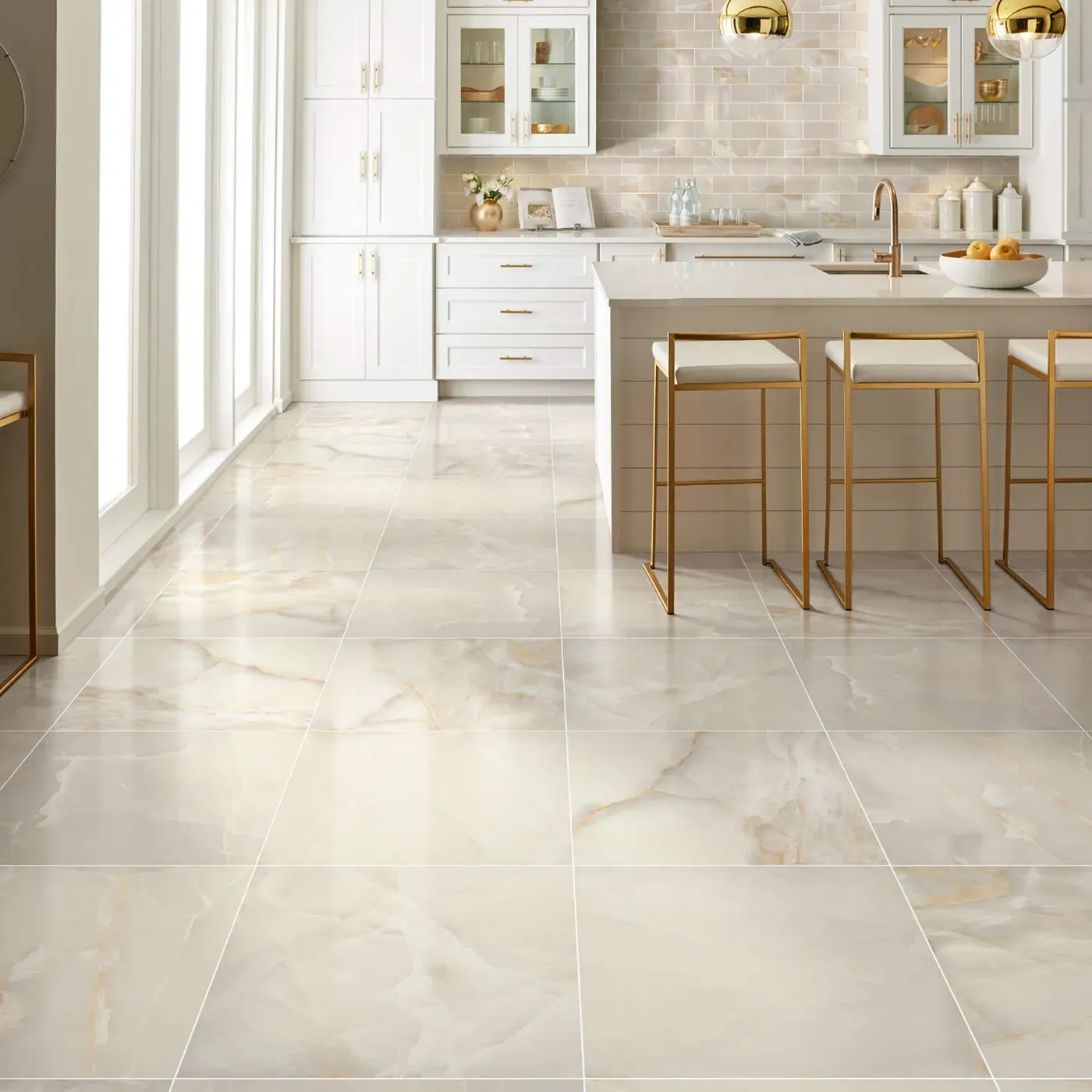 Gemstone-Polished-336TS-00200-Beige-24x24-BrickMosaic-RM-V Shaw Floors Beige polished tile with subtle veining in a white kitchen | Ambassador Flooring