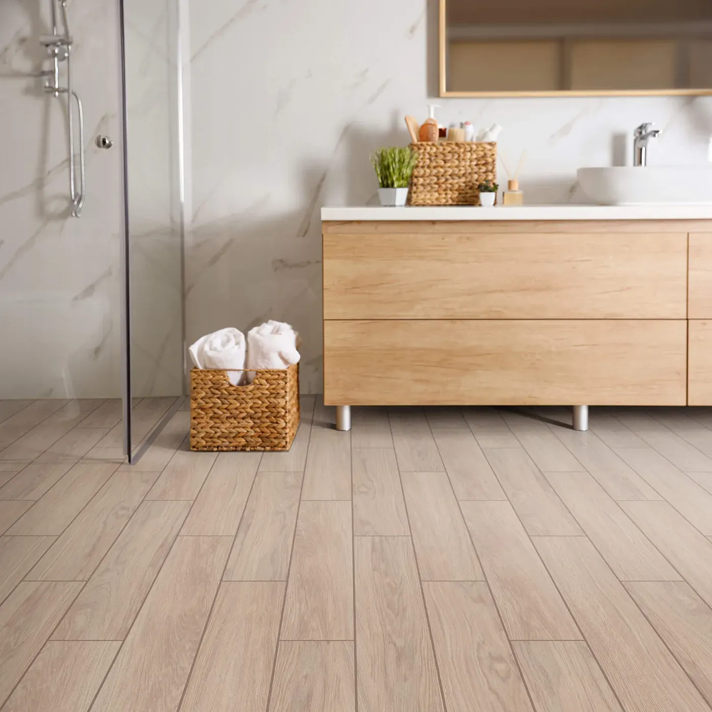 Moonstruck-401TS-00150-Ardor-6x36-RM-H Shaw Floors tile with a light wood look, in a modern bathroom | Ambassador Flooring